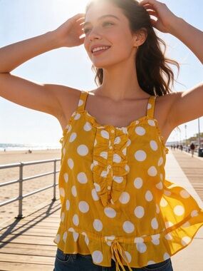 Old Navy yellow white polka dot cotton tank top spaghetti straps size LG ruffles